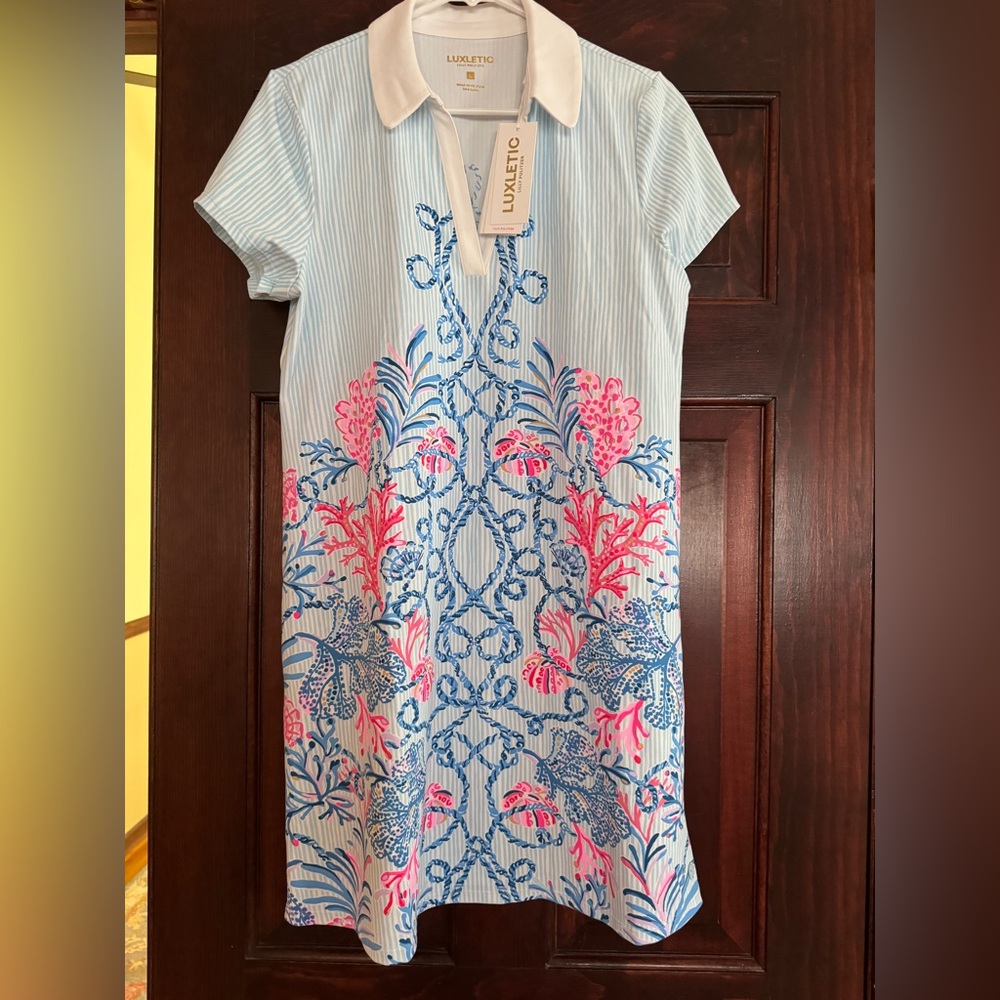 NWT Lilly Pulitzer L Cayo Costa Light Blue Polo Mini Dress Naut Today Navy New